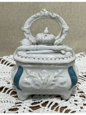 Antique Victorian Porcelain Box Trinket Fairing Gift Prize Sword Crown 4 Inch